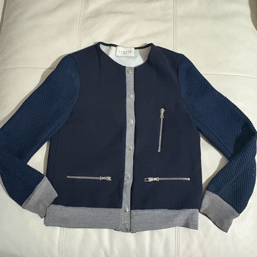 Sandro Navy Blue Cardigan with Silver Button with Mesh sleeves